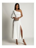 Maxi dress with an asymmetrical neckline, white AZR241089